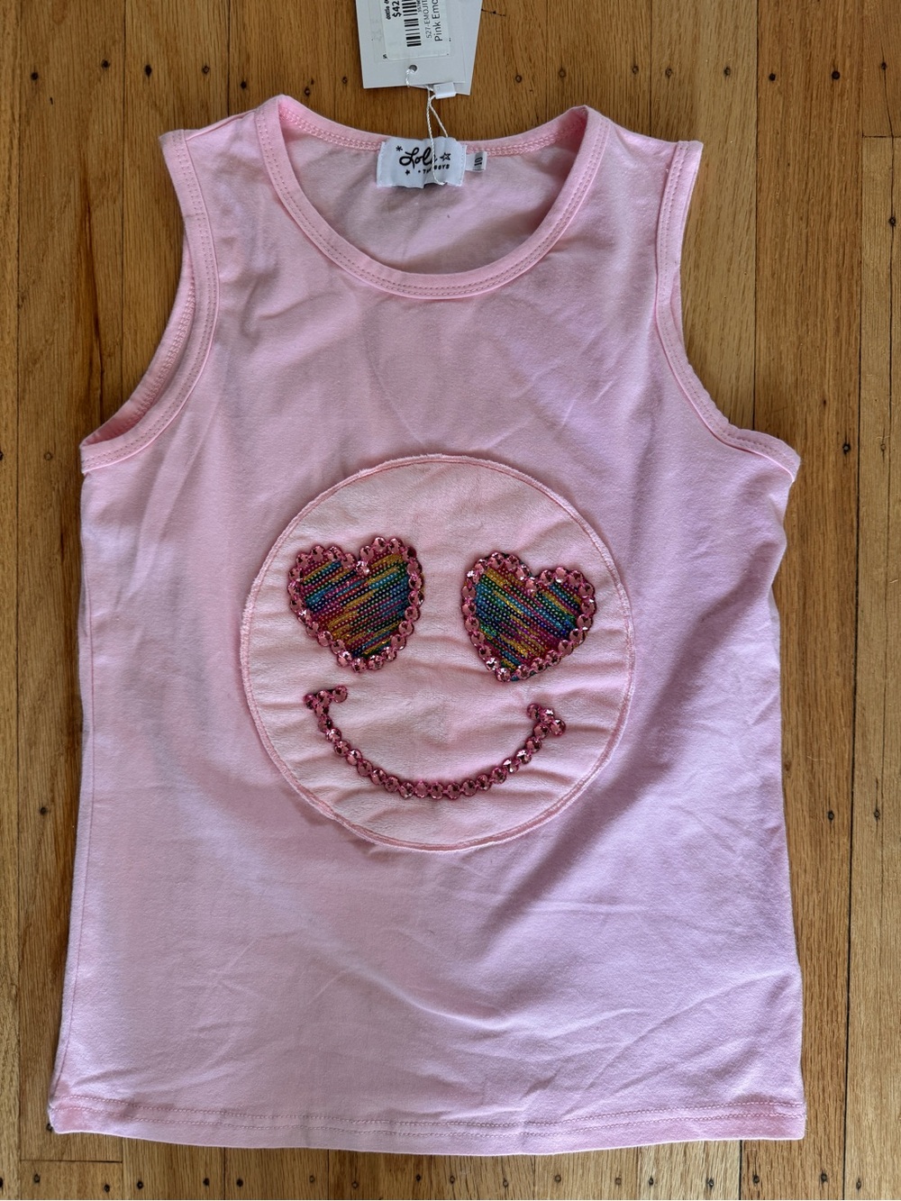 Lola + The Boys Pink Tank with Sequin Heart-Eye Smiley